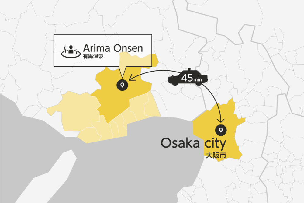 Private transfer map from/to Osaka City and Arima Hotspring