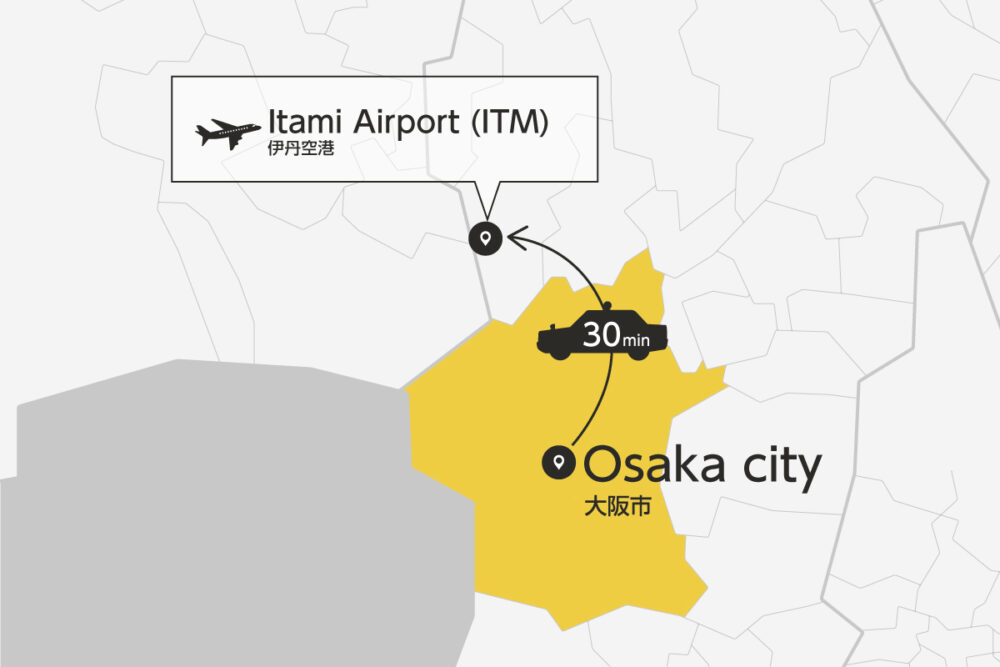 Private transfer map from Osaka City to Itami Airport