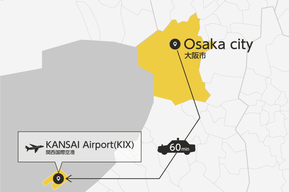 Private transfer map from Osaka City to KANSAI Airport