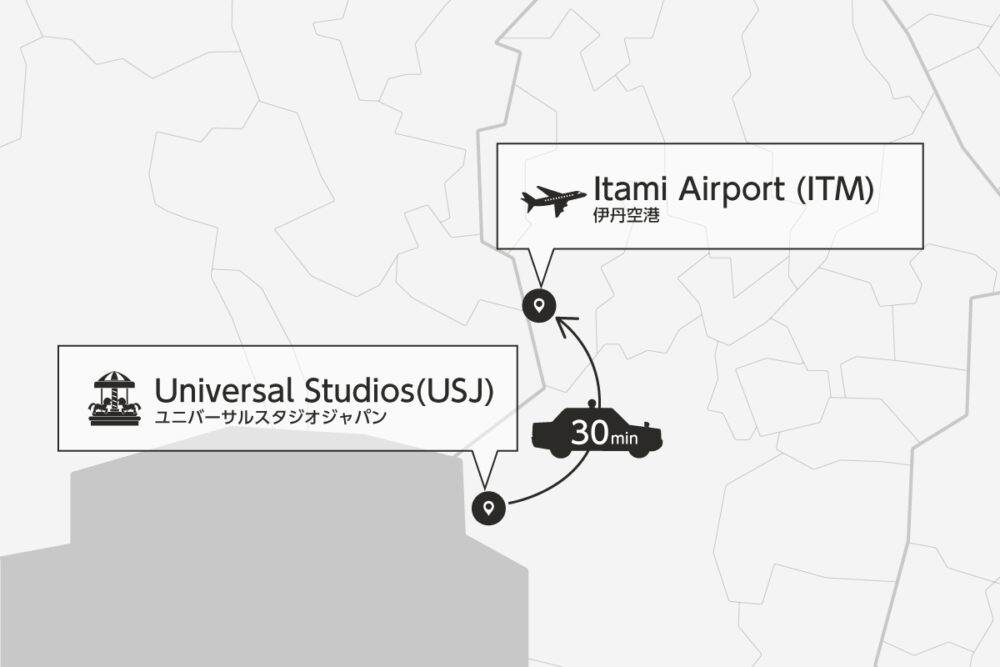 Private transfer map from Universal Studios to Itami Airport