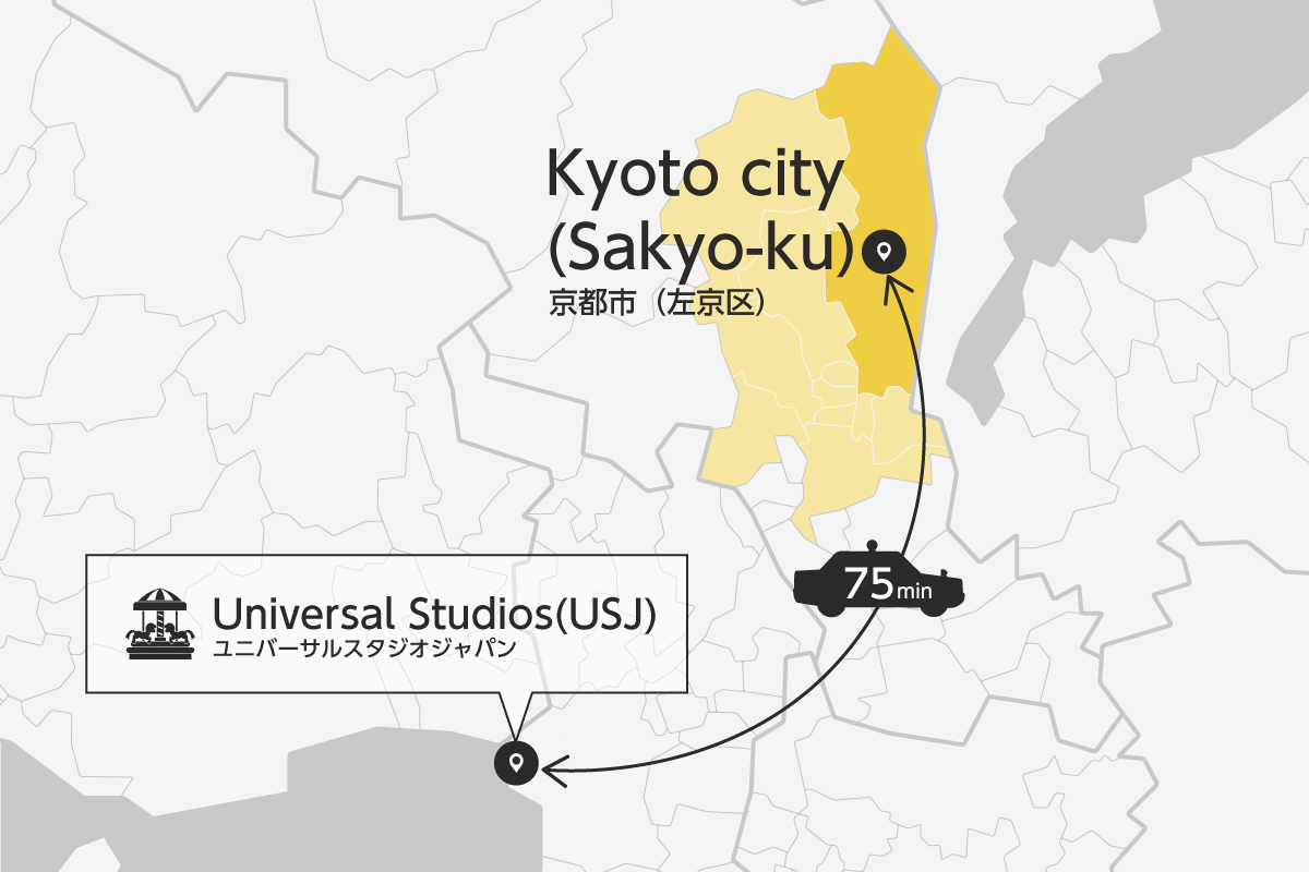 Universal Studios and Kyoto City Sakyo-Ku Private Transfer