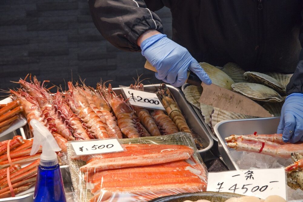 Lively atmosphere of Kuromon Ichiba Market in Osaka