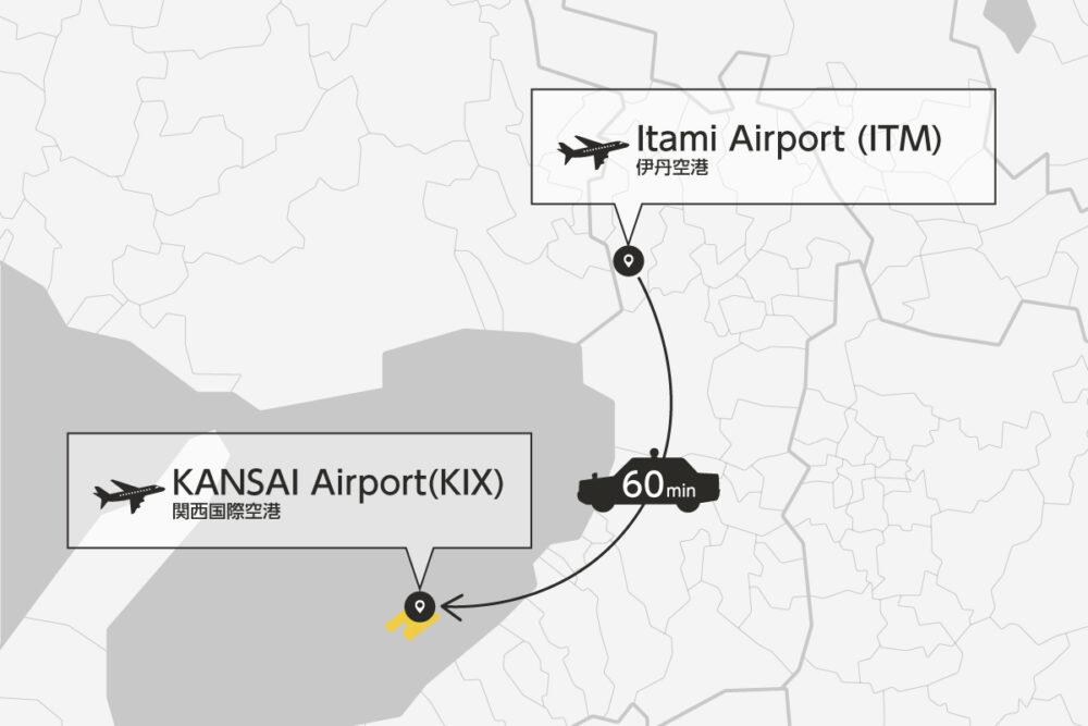 Private transfer map from Itami Airport to KANSAI Airport