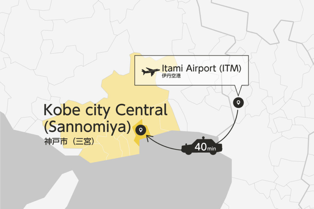 Private transfer map from Itami Airport to Kobe City