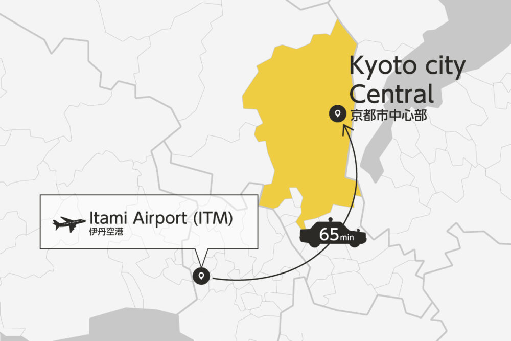 Private transfer map from Itami Airport to Kyoto City