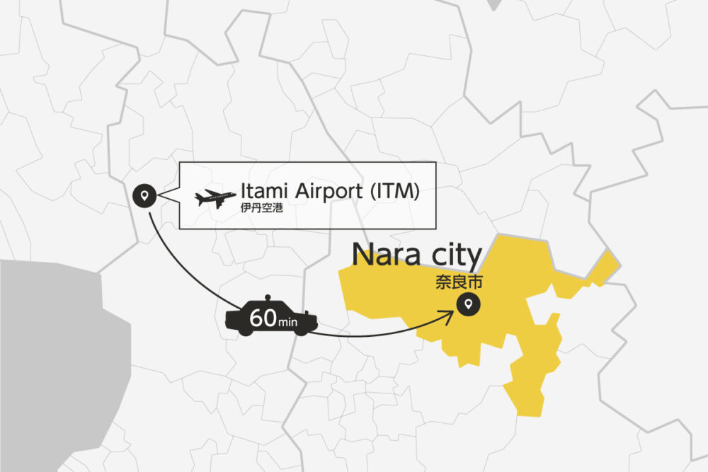 Private transfer map from Itami Airport to Nara City