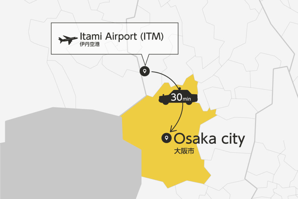 Private transfer map from Itami Airport to Osaka City