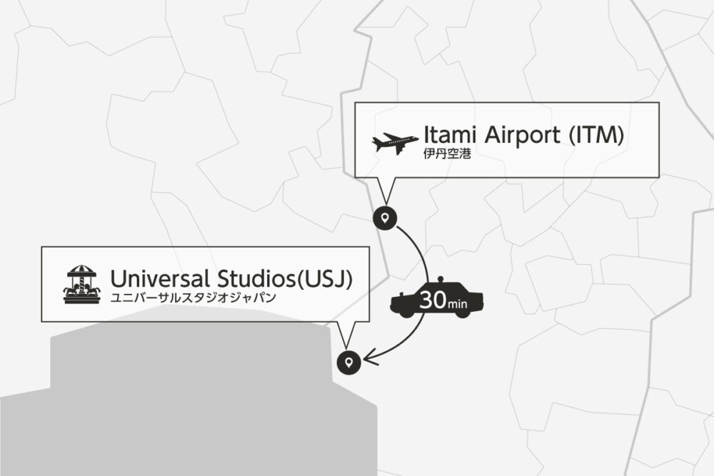 Private transfer map from Itami Airport to Universal Studios