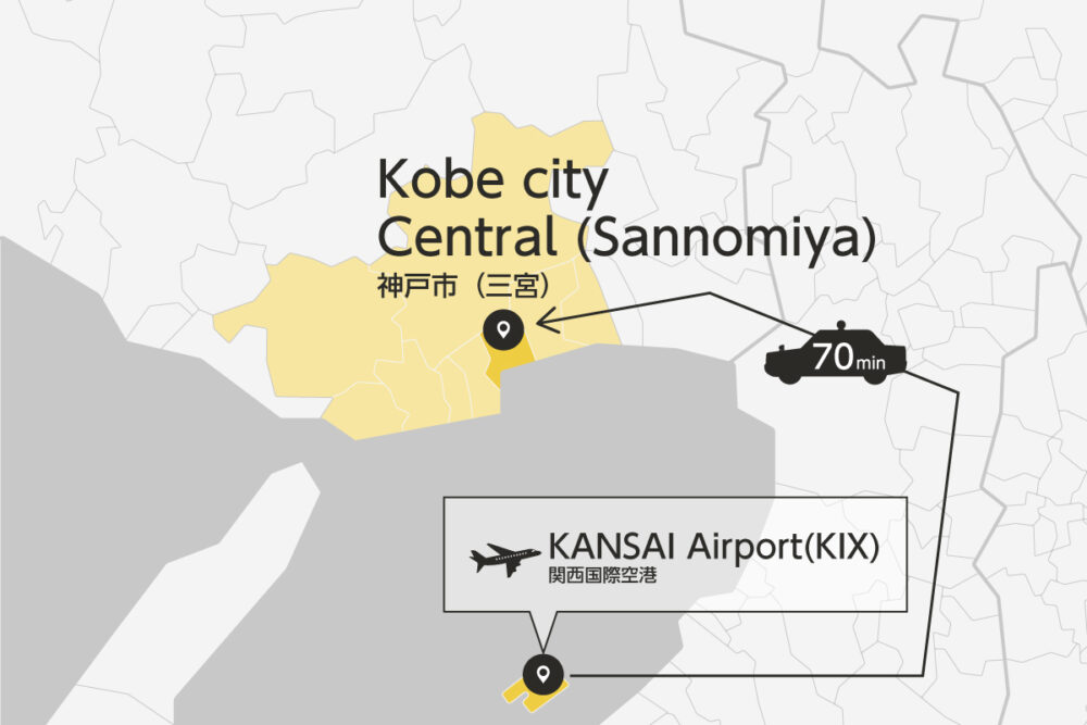 Private transfer map from KANSAI Airport to Kobe City