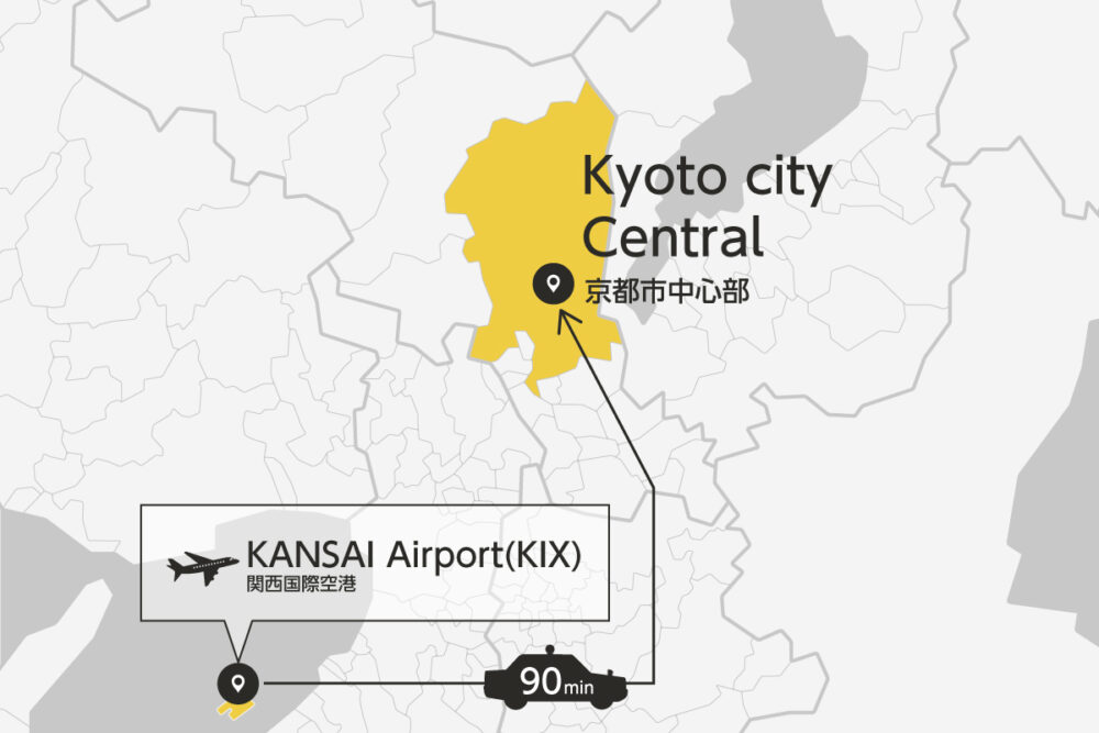 Private transfer map from KANSAI Airport to Kyoto City