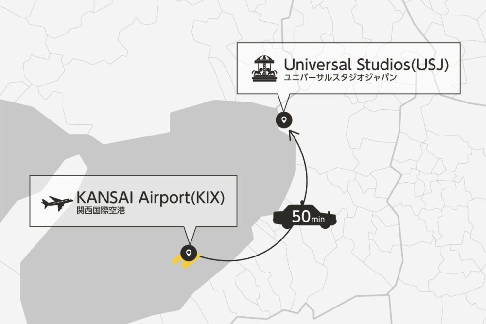 Private transfer map from KANSAI Airport to Universal Studios