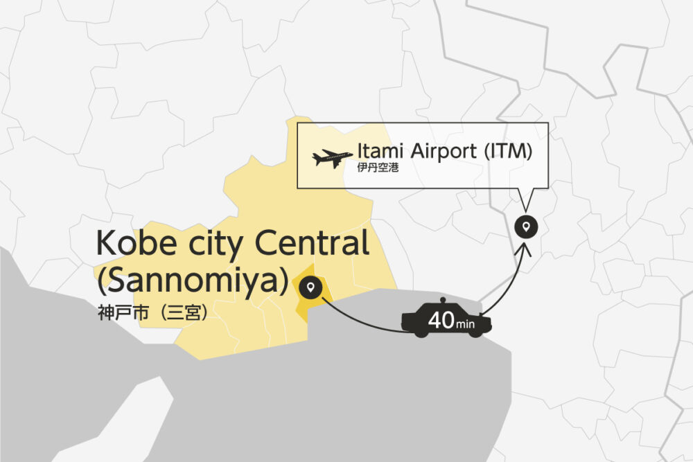 Private transfer map from Kobe City to Itami Airport