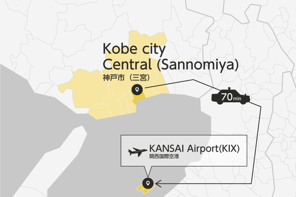 Private transfer map from Kobe City to KANSAI Airport