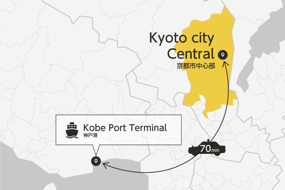 Private transfer map from/to Kobe Port Terminal and Kyoto City