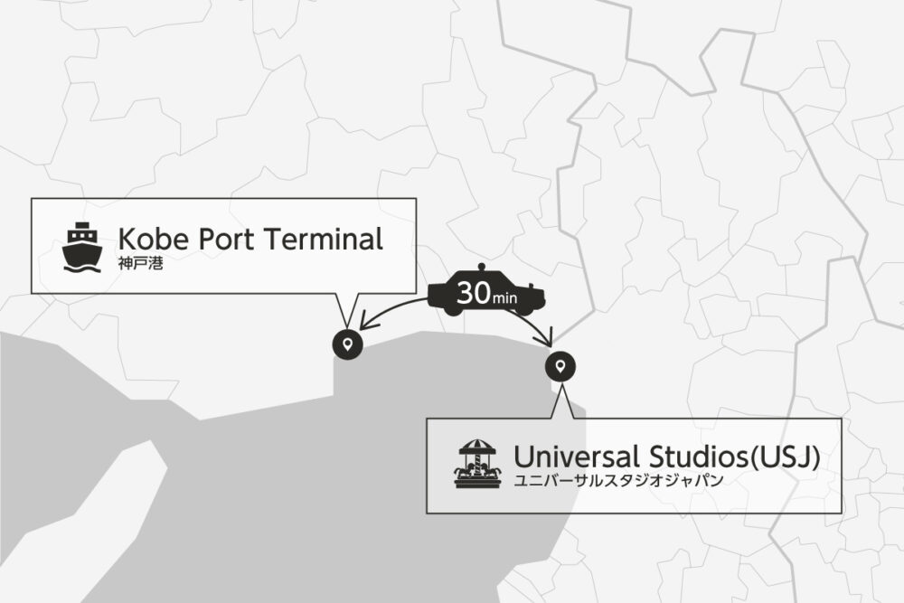 Private transfer map from/to Kobe Port Terminal and Universal Studios