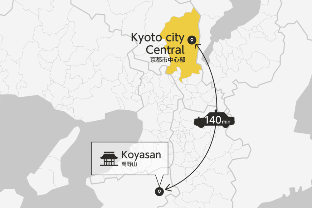 Private transfer map from/to Kyoto City and Koyasan