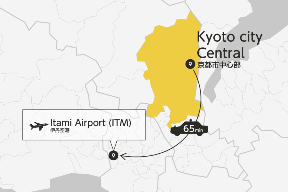 Private transfer map from Kyoto City to Itami Airport