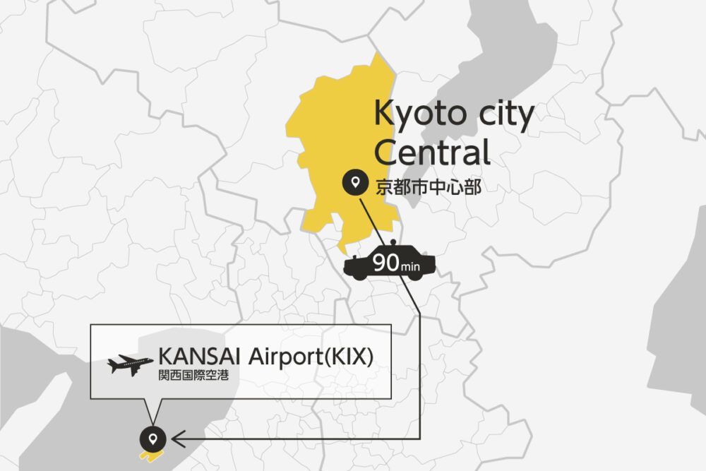 Private transfer map from Kyoto City to KANSAI Airport