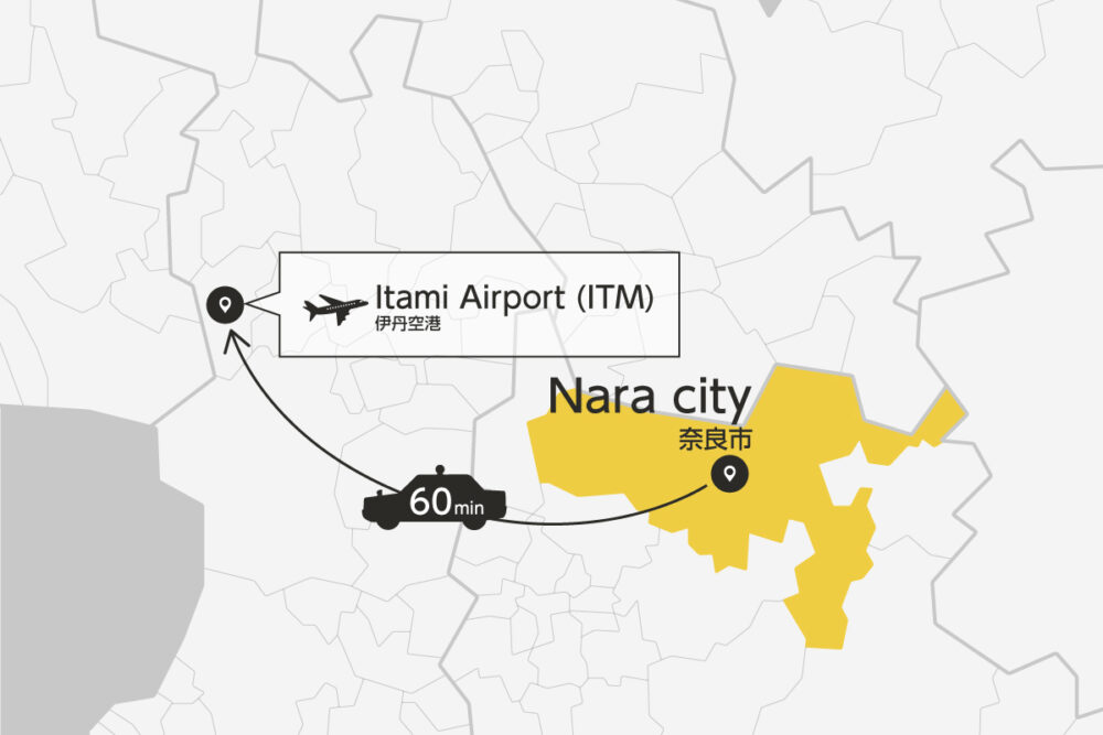 Private transfer map from Nara City to Itami Airport