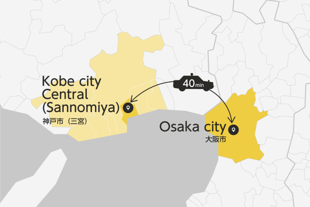 Private transfer map from/to Osaka City and Kobe City