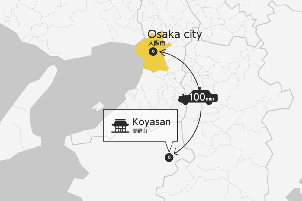 Private transfer map from/to Osaka City and Koyasan