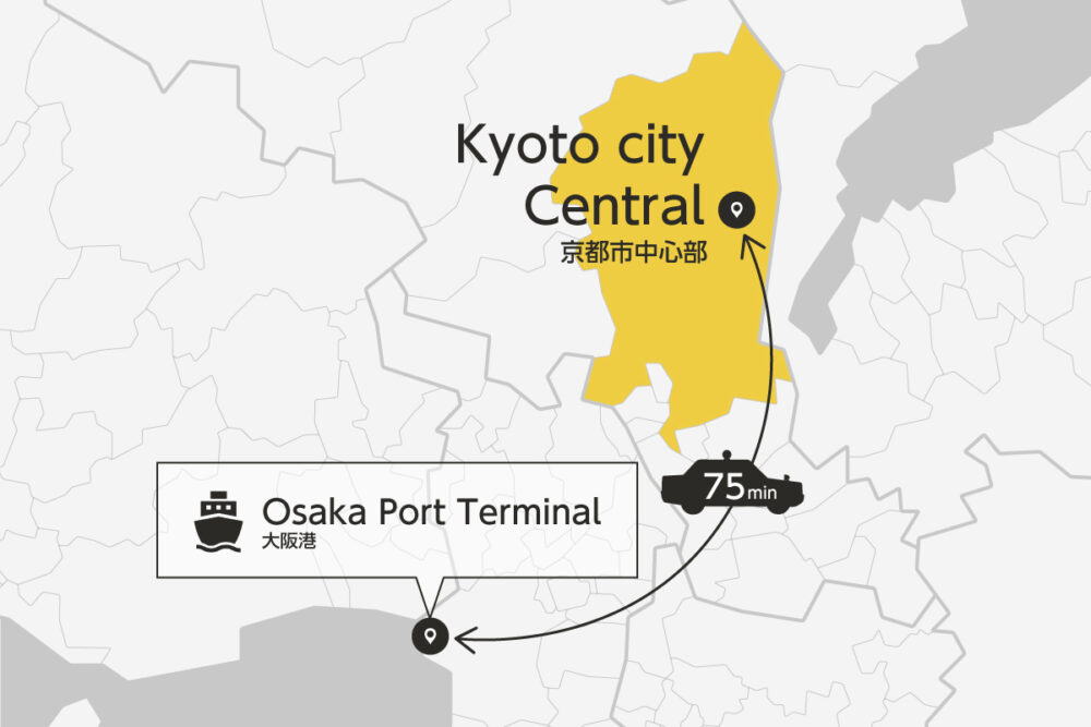 Private transfer map from/to Osaka Port Terminal and Kyoto City