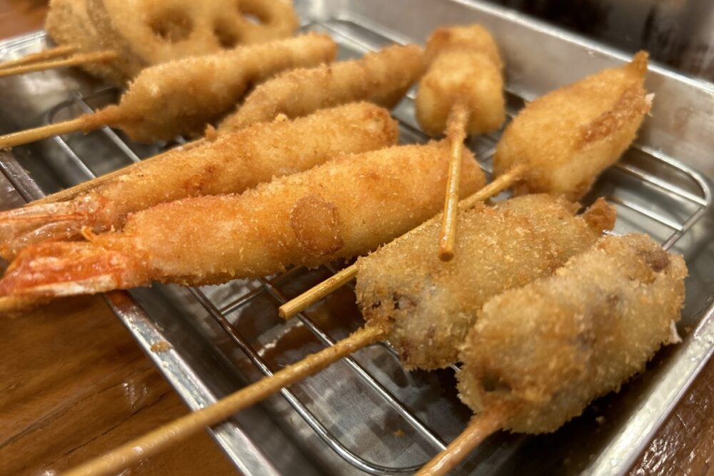 Crispy Kushikatsu skewers in Shinsekai, Osaka